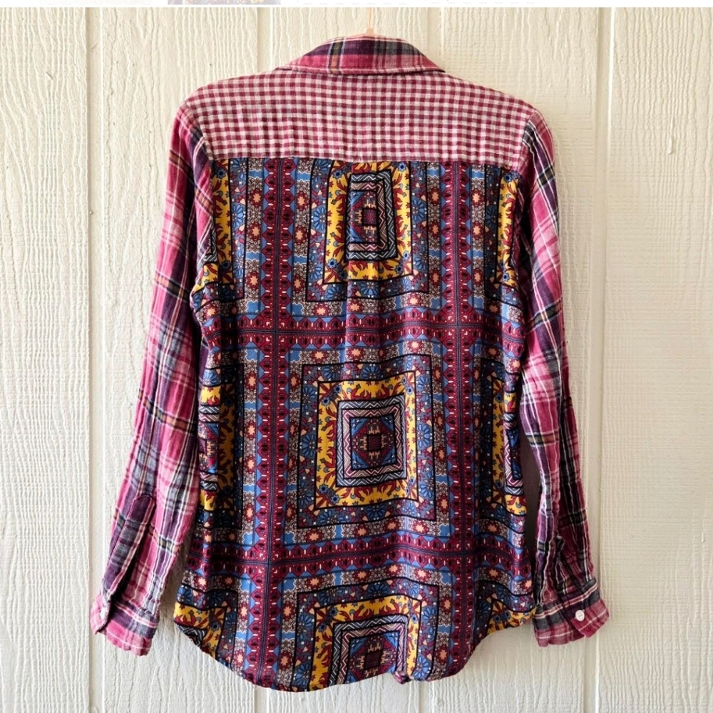 Tolani Pink Plaid and Multicolor Patchwork Button-Down Shirt
